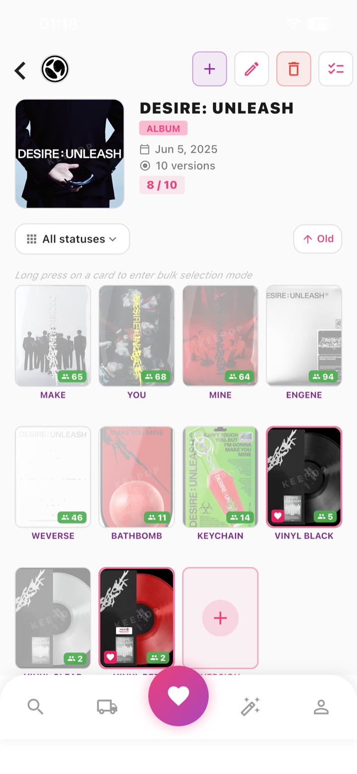 An album page in Keepop listing its ten versions