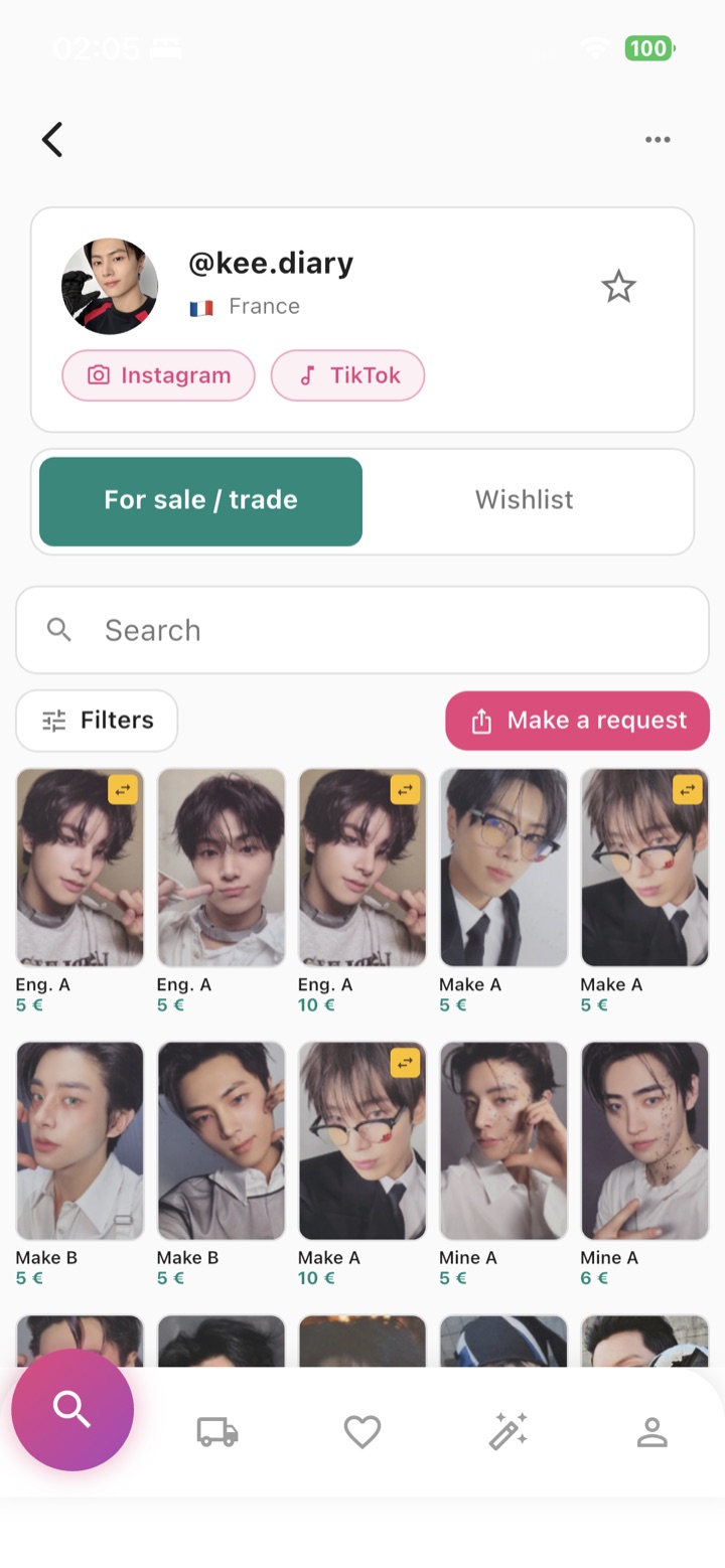 A public profile with cards for sale or trade
